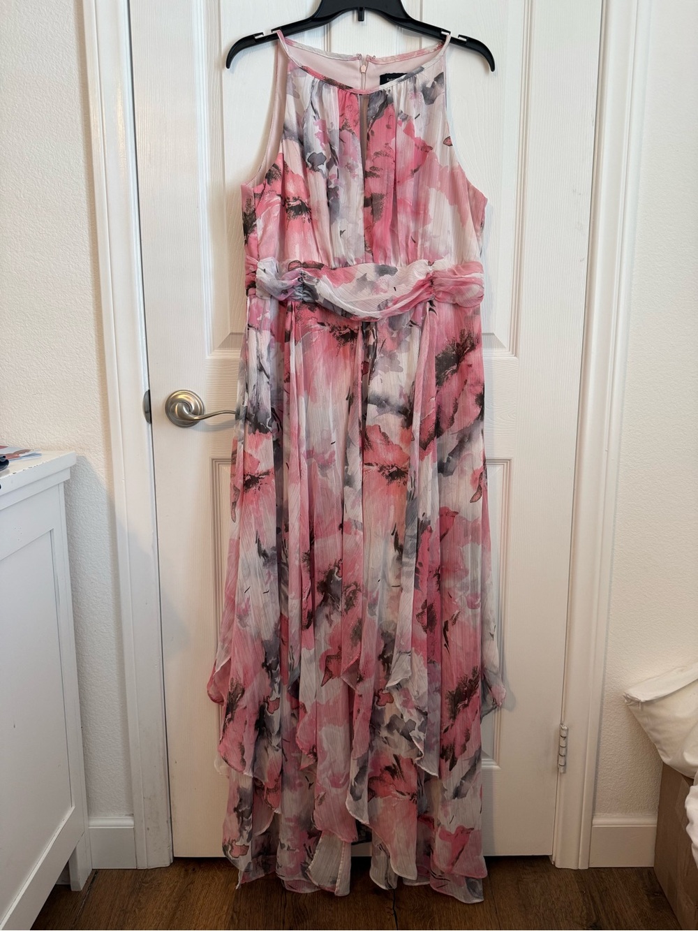 R&M Richards Pink and Gray Floral Chiffon Dress